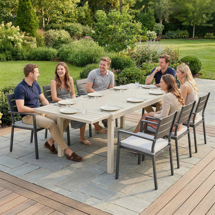 Розкладний обідній стіл з алюмінію 150/225 x 85 см для 6-8 осіб, прямокутної форми, з ламельною текстурою