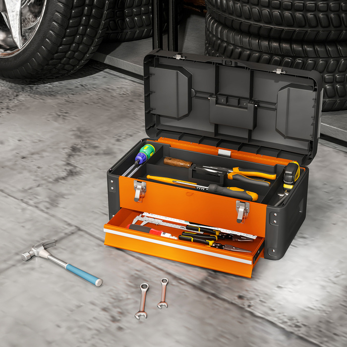 Набір інструментів порожній, 49,7 x 25,3 x 23 см. Ящик для інструментів з висувною шухлядою, міні-бокс зі сталі, помаранчевий.