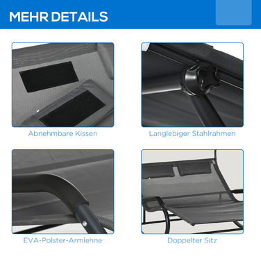 Подвійне шезлонге для двох осіб, з подушкою та балдахіном, розміром 200 см x 139 см x 140 см, темно-сірий