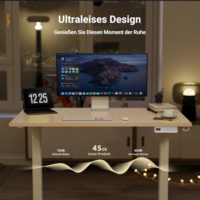 Електричний стіл Claiks з регулюванням висоти 120x60 см, з 3 функціями пам'яті, 2 гачками, бежевий