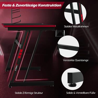 Ігровий стіл COSTWAY 120 см Z-подібний, комп'ютерний стіл з підсклянником, гачок для навушників, тримач геймпада, ергономічний стіл, робочий стіл Офісний стіл для ПК (чорно-червоний)