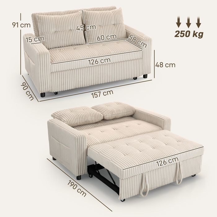 Диван-ліжко HOMCOM на 2 особи, з оббивкою з корду, трансформується в ліжко, 2 подушки, бічні кишені, 157 x 190 см, кремово-білий