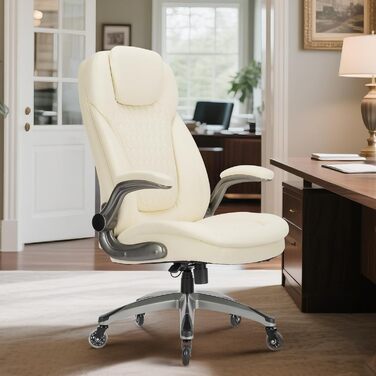 Крісло для офісу Colamy: ергономічне крісло з дихаючої шкіри, підголівник, регульовані підлокітники та м'яке сидіння з пружинним блоком, для дому та офісу (слонова кістка)