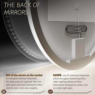 Дзеркало з LED сенсором, кругле, з індукційним датчиком руху, для макіяжу, з підсвічуванням, регульоване освітлення, антизапарник, водонепроникне (IP44), для ванної кімнати, настінне, діаметр 70 см