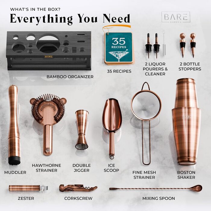 Набір бармена BARE BARREL® Mixology: 16 предметів для приготування коктейлів | Шейкер Boston, Мартіні, 35 рецептів | Преміум якість, мідь/чорний