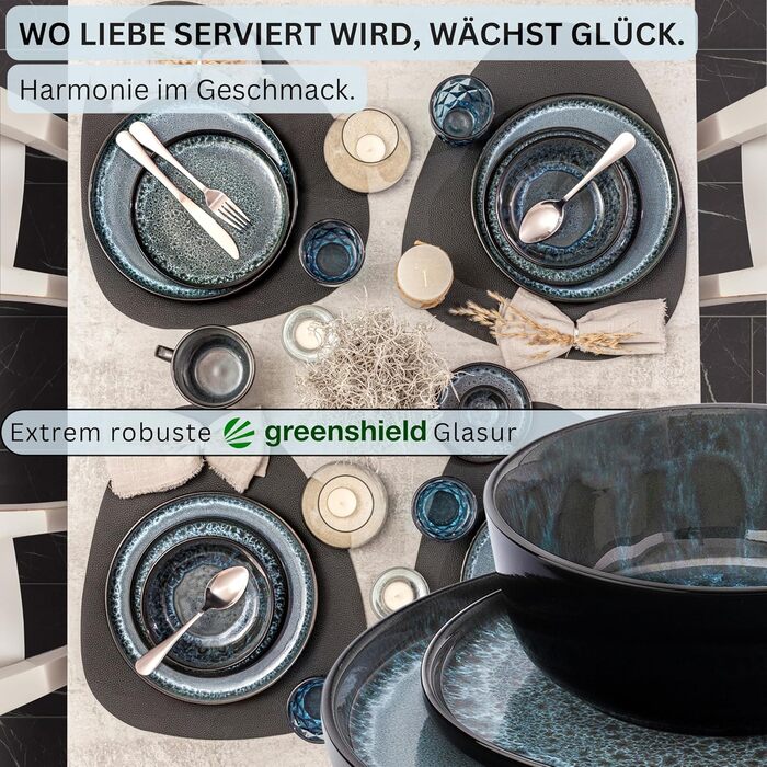 Набір посуду SÄNGER Manila на 6 осіб (30 предметів) | Керамічний сервіз, блакитний з чорним обідком
