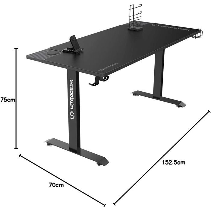 Ігровий стіл ULTRADESK Momentum, килимок розміру XXL, підставка для мобільного телефону, підстаканник, з можливістю завантаження до 130 кг, 152,5x70 см