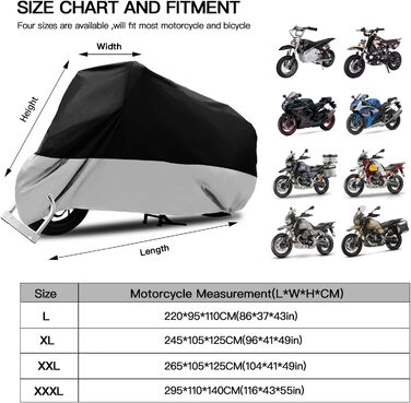 Водонепроникний чохол для мотоцикла DREAMIZER, позашляховий чохол для мотоцикла з отвором для кріплення для внутрішньої і зовнішньої захисту від пилу, снігу і дощу (220x95x110 см) (чорний сріблястий, XXL 265X105X125 см)