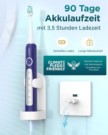 Електрична зубна щітка для дорослих та дітей - звукова, 8 насадок (3 типи), 90 днів роботи, 5 режимів, 50000VPM, кейс для подорожей, таймер (Фіолетовий/Білий)
