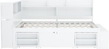 Дитяче ліжко 90x200 з ящиками, полицями та бар'єром, функціональне ліжко з дерева, без матраца, біле