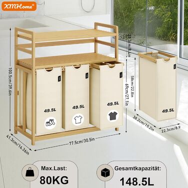 Бамбуковий сортувальник для білизни з 3 відділеннями, 148 літрів, 2 яруси, великий кошик для білизни з знімним мішком, прямокутна коробка для ванної, спальні та пральні, 77.5x41.3x100.5 см, Бежевий