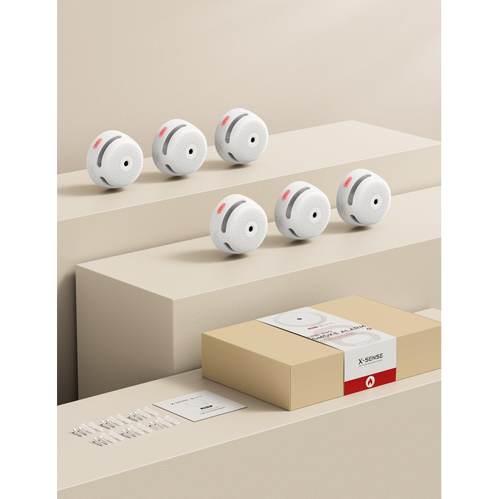 X-Sense Детектор диму Smart XS01-M з базовою станцією SBS50, сертифікований EN 14604, бездротовий мережевий детектор диму з Wi-Fi, сумісний з додатком X-Sense Home Security, білий, FS61, комплект 6 шт.