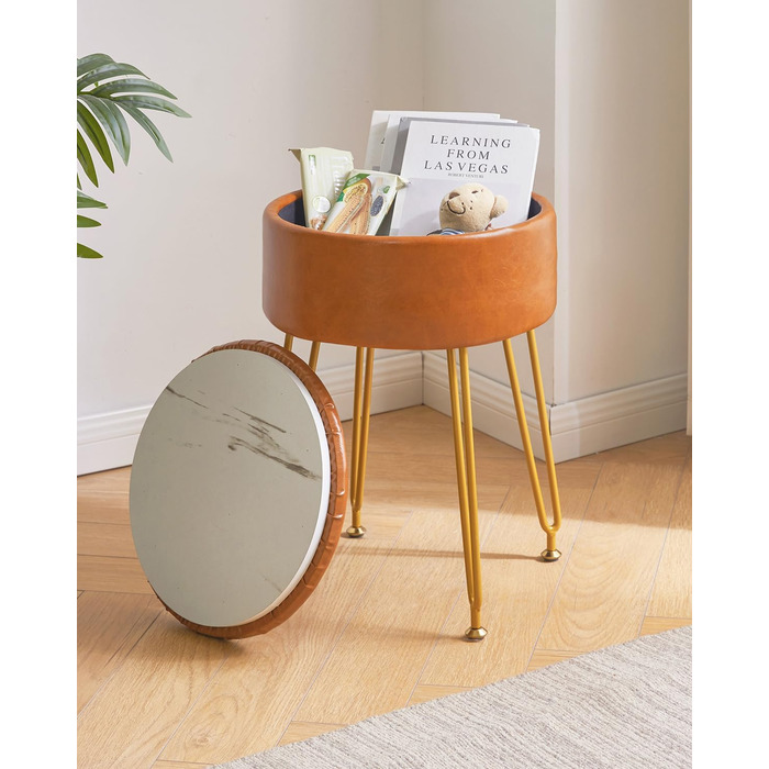 Пуф-табуретка з велюру круглої форми, золоті ніжки, для макіяжу та відпочинку, L/G-30P (з ящиком для зберігання, світло-коричневий)