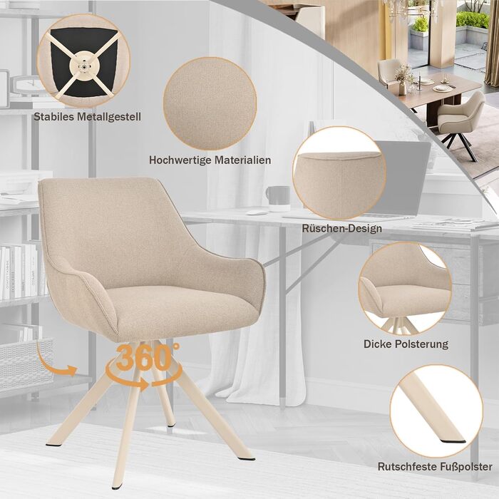 Обідні стільці поворотні, комплект 6 шт. з підлокітниками, 30° поворот, м'який стілець з льону, сучасний поворотний стілець для кухні, їдальні, вітальні, офісу, колір коричневий, металевий каркас, спинка