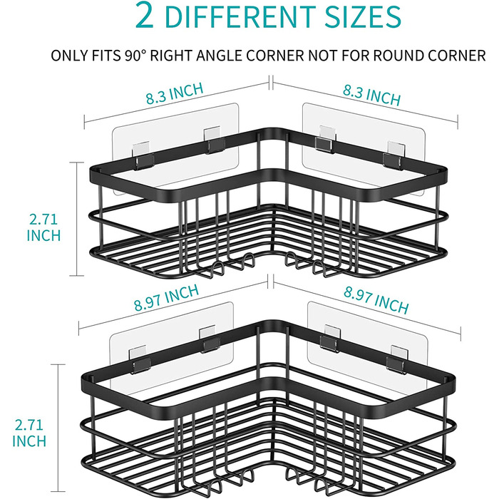 Кутова душова кабіна Yazoni, 2 упаковки, органайзер для душу без свердління, кутова полиця для ванної кімнати, кутова душова кабіна з нержавіючої сталі з 8 гачками і 6 клеями (чорний)