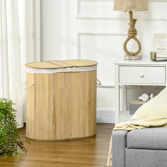 Кошик для білизни HOMCOM з кришкою 2 секції знімний бамбуковий сортувальник білизни натуральний для організації та зберігання білизни
