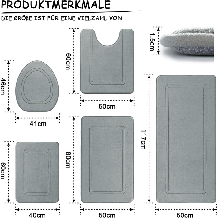Набір килимків для ванної кімнати Chakme з 5 предметів, м'який килимок для ванної з піни з ефектом пам'яті, не ковзає, можна мити, сірий