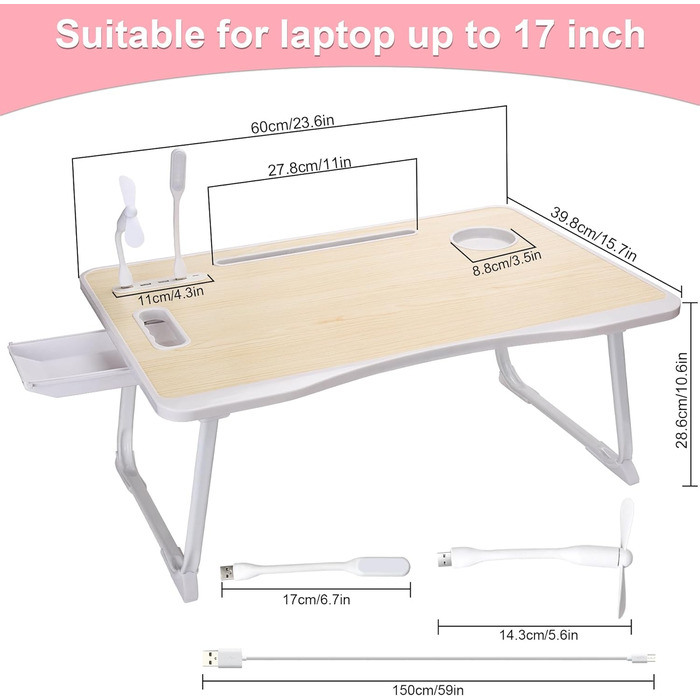Складаний столик для ноутбука з USB-портом, ручкою, відділенням для карток, тримачем для напоїв та ящиком. Білий клен.