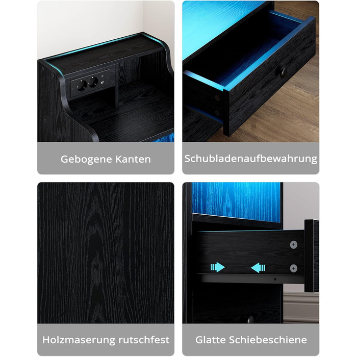 Нічний столик IRONCK з LED-підсвічуванням, розеткою та функцією зарядки, з ящиками, чорний