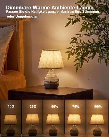 INTELIVE Бездротова керамічна настільна лампа з таймером, димером, лляним абажуром та пультом дистанційного керування. Акумуляторна, сучасний дизайн Mid Century.