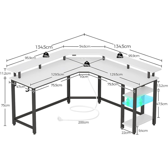 Комп'ютерний стіл Rolanstar L-подібний з RGB підсвічуванням та розетками, геймінговий стіл з полицею та гачками, для офісу, робочого кабінету, спальні (білий, 137 см), 137 x 137 x 87 см