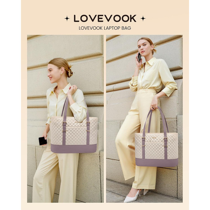 Сумка для ноутбука LOVEVOOK 15.6 дюймів для жінок з відділенням для ланчу, сумка-шоппер, ділова сумка, портфель, сумка для навчання, містка, водонепроникна, для офісу, університету, чорна (15.6 дюймів, Бежевий, Рожевий)
