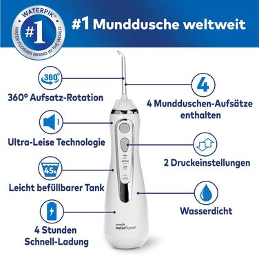 Waterpik Advanced Бездротова Іригатор для Рота, Іригатор для Рота з Преміум-Якістю, 4 Насадки, 3 Режими, Білий