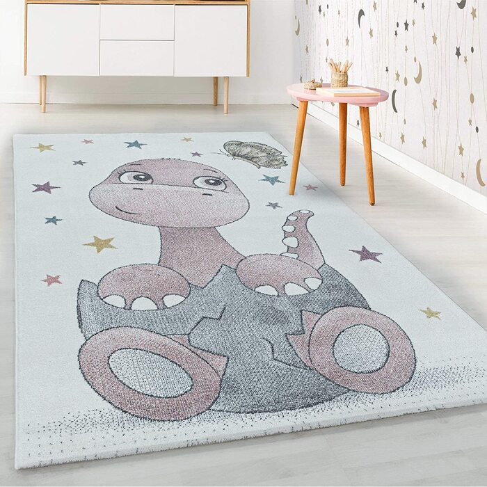 Домашній дитячий килим з коротким ворсом, м'який килим для дитячої кімнати з малюнком динозавра і динозавра, Колір Розмір (160 см круглий, рожевий)