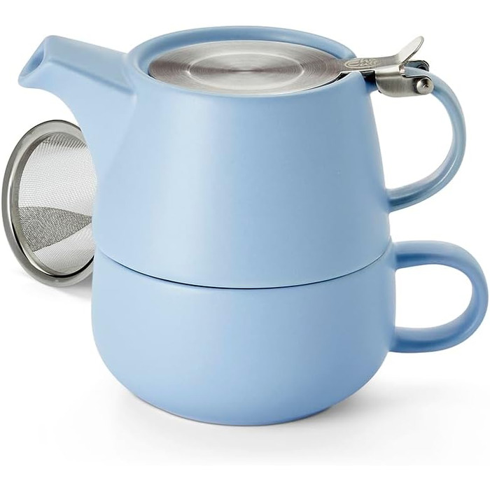 Набір чаю для одного Saara, синя кераміка, 4 предмети з ситом і кришкою з нержавіючої сталі Глечик 0,45 л, чашка 0,3 л Глечик H 10 см, Ø 6,7 см Чашка H 6 см, Ø 10 см