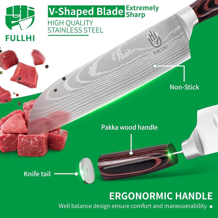 Японський набір ножів Fullhi 15 предметів з магнітним підставкою, з високоякісної сталі, ергономічні ручки, для професійної та домашньої кухні