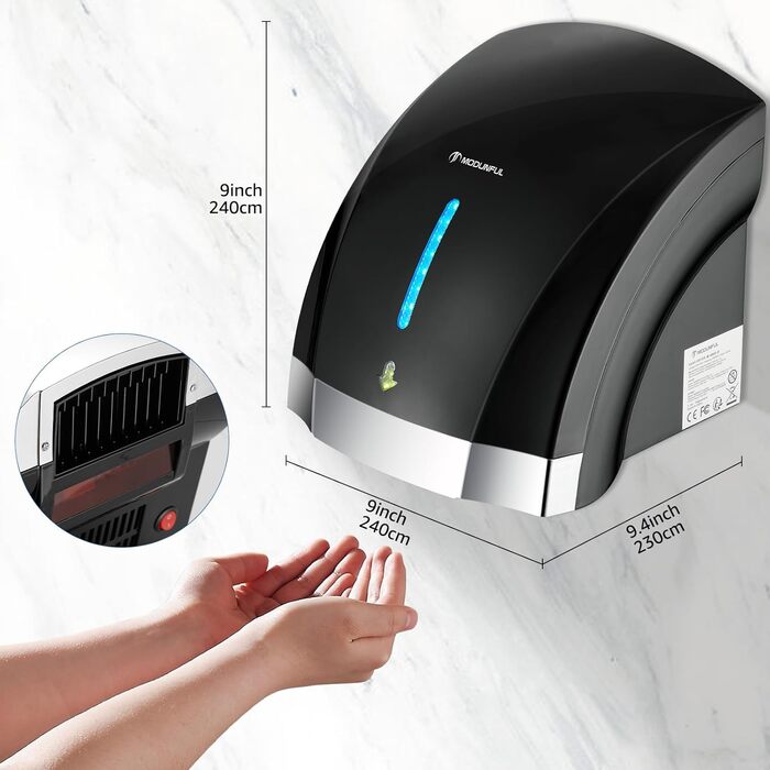 Автоматичний сушар для рук з інфрачервоним сенсором, настінний, 2000W, тихий (40 db), ABS-покриття (чорний)