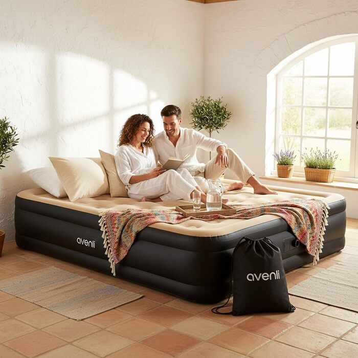Надувний матрац-ліжко AVENLI для 2 осіб, 203x157x47 см з вбудованим насосом, флаокована поверхня, для кемпінгу та дому