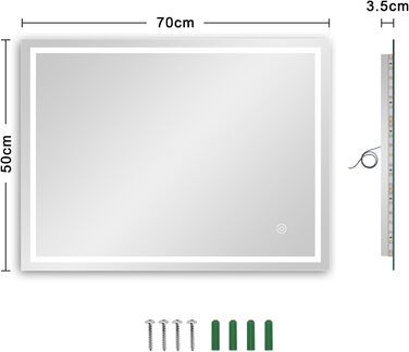 Дзеркало для ванної кімнати Dripex LED з підсвічуванням, сенсорна кнопка, протизапітніння, 6400K, енергозбереження, 50x70 см