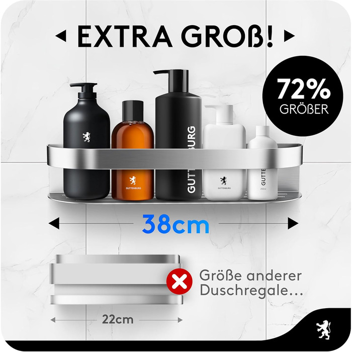 Поличка для душу GUTTENBURG без свердління (XXL, 38 см, 2200 см³), міцна, з нержавіючої сталі, проста установка ARCOS 38