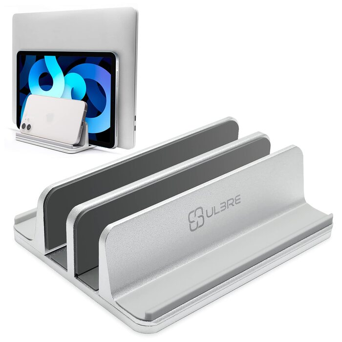 Вертикальна підставка для ноутбука Metal з 4 слотами, регульована, для MacBook, HP, Chromebook (до 44.5 см) – срібна