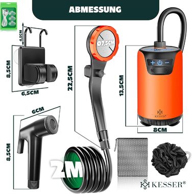Соняшний душ KESSER® з насосом та акумулятором 8000mAh. Комплект для кемпінгу: регульована лійка, шланг 2м, пістолет-розпилювач, кріплення. Без бака, оранжевий/чорний