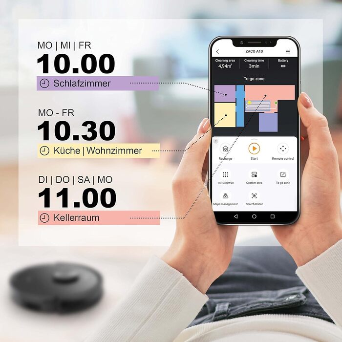 Робот-пилосос ZACO A10 з функцією миття та лазерною навігацією, до 2 годин роботи, з картуванням, зонами заборони, керуванням через додаток та Alexa, для паркету та шерсті тварин, тихий, розумний