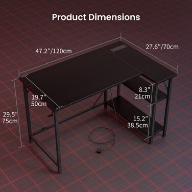 Ігровий кутовий стіл DOMSHOCT з розетками, 120 x 70 см, чорний. Компактний стіл для дому та офісу з великими полицями та гачками.