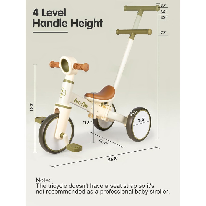 Дитячий біговел-триколіс LOL-FUN 5-в-1 з ручкою для штовхання, зелений оливковий, для хлопчиків та дівчаток від 1 року