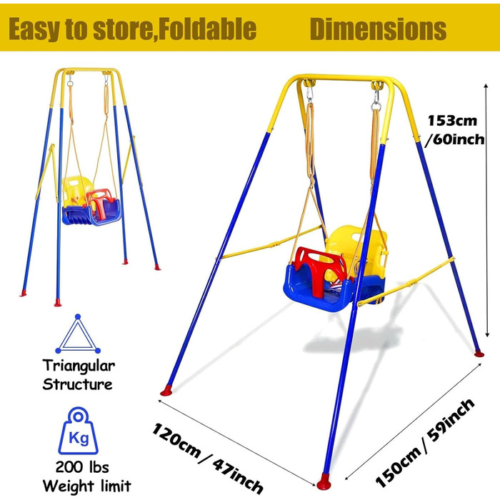 Дитяча гойдалка FCOUMY 3 в 1 для дому та вулиці з ременем безпеки, складаний металевий стійка, проста в збірці