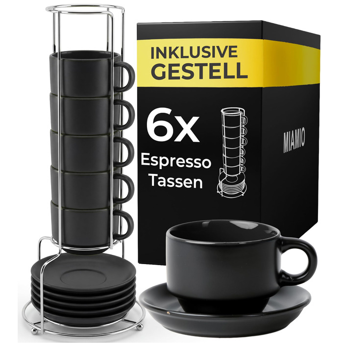 Набір кавових чашок Miamio Le Papillon (Чорний) 6 шт. по 75 мл з підставкою та стійкою