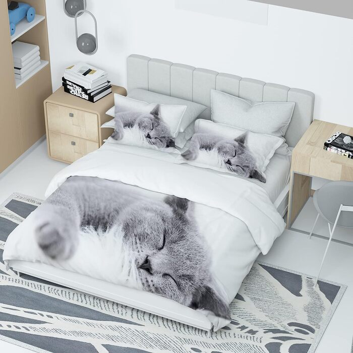Комплект постільної білизни MIQEBX 3D з котом підодіяльник 220x240 см і 2 наволочки 50х75 см сіро-білий