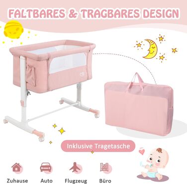 Дитяче ліжко-гойдалка Dreamade 2 в 1 з регулюванням висоти, 86 x 63 см, рожеве, від народження до 9 кг, з матрацом та колесами