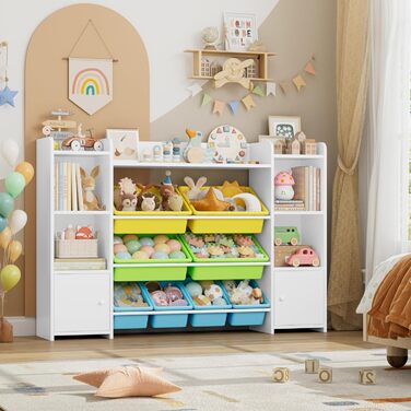 FOREHILL Дитяча полиця з 8 ящиками, дитячий шафа, книжкова полиця для дітей, органайзер для іграшок, меблі для дитячої кімнати, 138,8 x 94,3 x 29,6 см, білий (білий з зеленим)