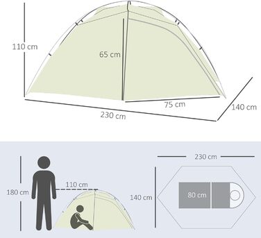 Намет для кемпінгу Outsunny 2-місний намет купольний намет PU3000 мм Легке налаштування для трекінгового фестивалю Легкий алюмінієвий нейлоновий кремовий білий 230 x 140 x 110 см