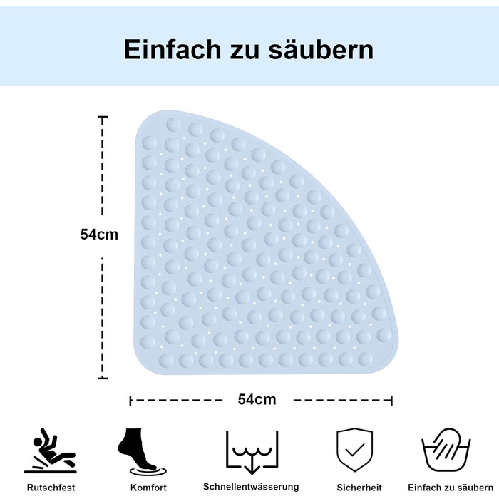 Нековзний килимок для душу на чверть кола з присосками, 54x54см, можна прати в пральній машині, білий (C-Light Blue)