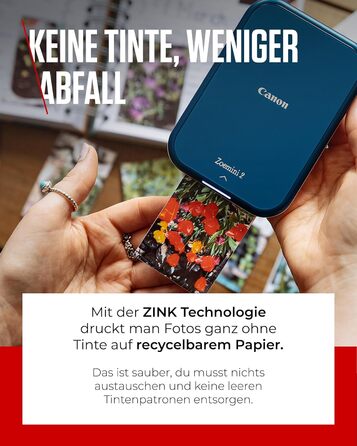Canon Zoemini 2 Marineblau: Міні-принтер для фотографій, мобільний, компактний, з вбудованим акумулятором. Друкує фото 5x7,6 см зі смартфону/планшету. У комплекті: 20 шт. Zink паперу та 10 шт. круглих наліпок.