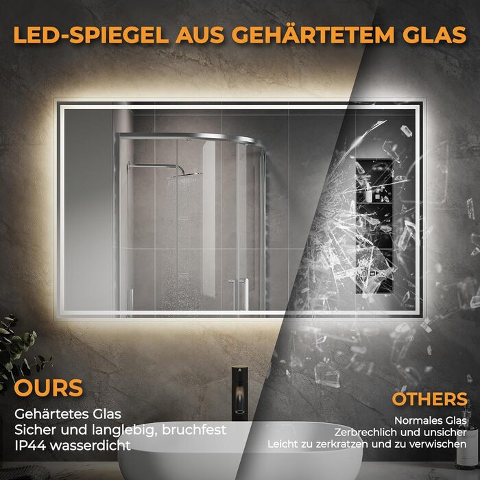 Дзеркало для ванної кімнати зі підсвічуванням SVNR, 70x50 см, LED, кутовий, з 4 мм дзеркалом без міді, dual-touch, регулювання кольору 3000K-6400K, антизапар, smart дзеркало