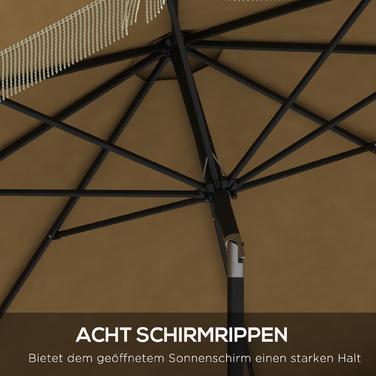 Сонячний парасоль з бахромою, діаметр 265 см, регульований нахил, двосекційна металева стійка, вітростійкий ковпачок, хакі/чорний