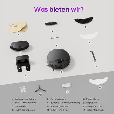 Робот-пилосос MONSGA з функцією миття, 5000Pa, час роботи 180 хв, система захисту від ковтунів, LiDAR навігація, для килимів та шерсті тварин, керування через додаток та пульт (чорний)